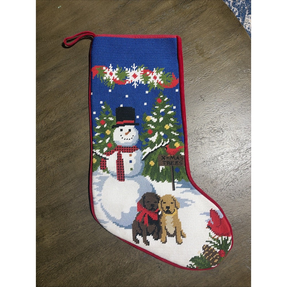 LL Bean Multicolor Needlepoint Snowman Dogs Lab Puppies Christmas Stocking 17"